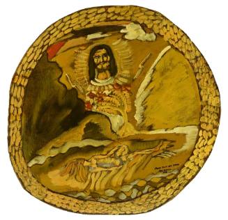 A golden-toned painting of a Christ figure in the center with a tree below him and a supine fig…