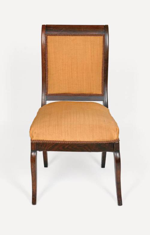 One of six Biedermeier-style upright mahogany side chairs with orange/yellow upholstered seats …