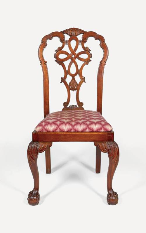 One of a pair of Chippendale-style mahogany side chair with claw and ball feet, front cabriole …