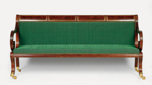 A Boston-made Federal period sofa with a carved mahogany scroll back with four gilt-enclosed ta…