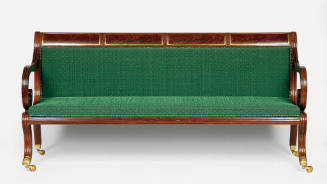 A Boston-made Federal period sofa with a carved mahogany scroll back with four gilt-enclosed ta…