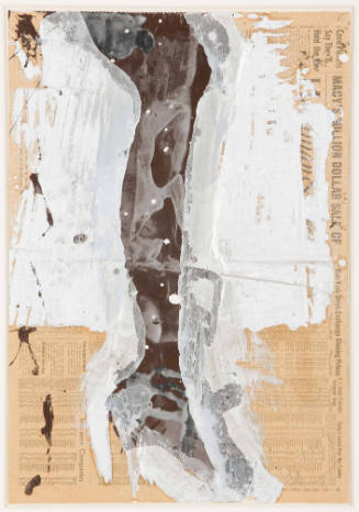 A painting of a brown leg surrounded by white enamel paint on top of pasted newspapers.