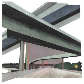 A mixed media, cut-out piece depicting a portion of intersecting, bridged highways with a small…