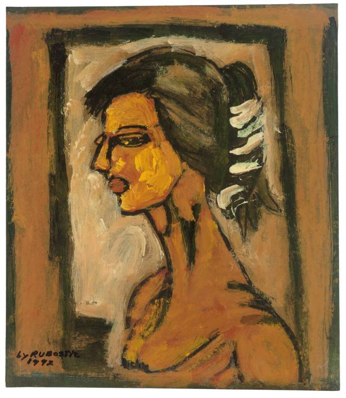 A painting on pressboard of the bust of a woman in profile facing left.