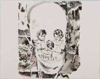 A black and white watercolor of a skull composed of two seated girls and a dog.

