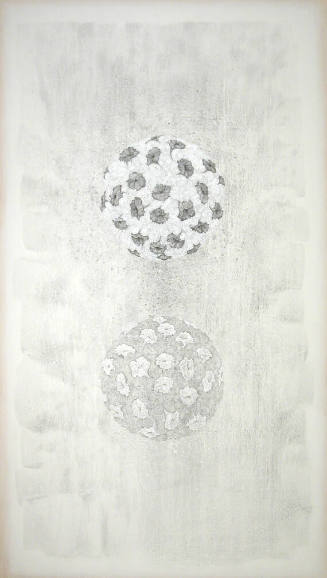 A drawing of two balls of flowers.