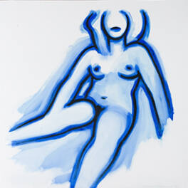 A painting of a linear blue female figure.