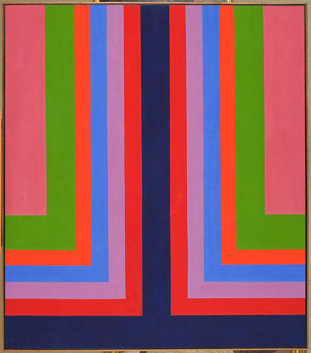 A painting of an inverted purple "T" form with red, blue, orange, and green L-shaped forms radi…