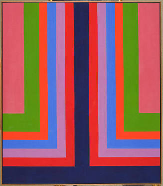 A painting of an inverted purple "T" form with red, blue, orange, and green L-shaped forms radi…