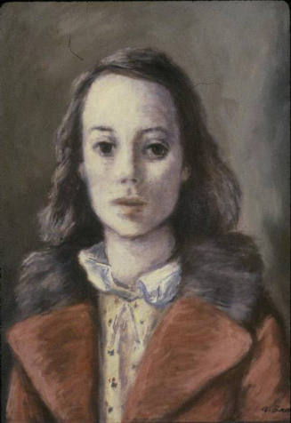 An oil painting of a bust of a young woman wearing a red jacket with fur trim and a white colla…