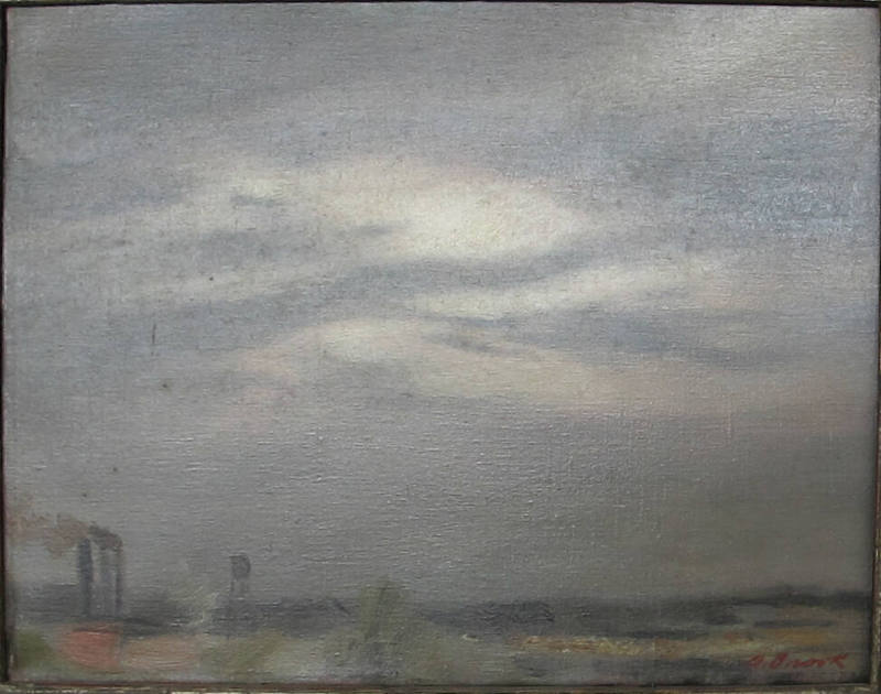 An oil painting of a dismal gray and brown sky with the sun's rays covered by a thick layer of …