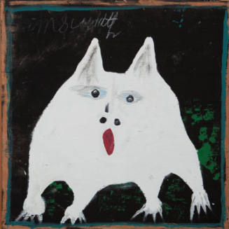 A painting of an abstract foreshortened white dog with wide ovoid eyes and red mouth against a …