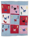 A quilt with multicolored figures, human and animal, on red, pale blue, and white foundation bl…