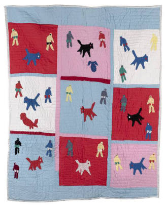 A quilt with multicolored figures, human and animal, on red, pale blue, and white foundation bl…
