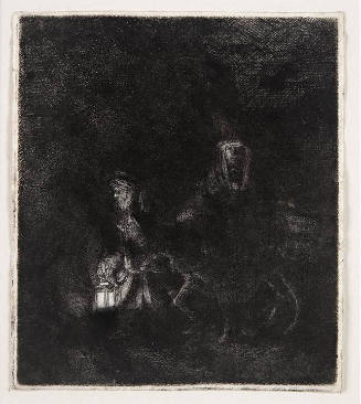 An etching of a man holding a lantern illuminating the outline of a donkey carrying a woman thr…