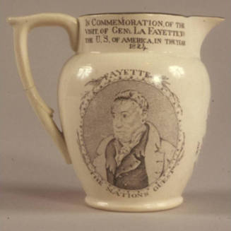 A creamware pitcher with a black-brown transfer printed portrait of the Marquis de Lafayette wi…
