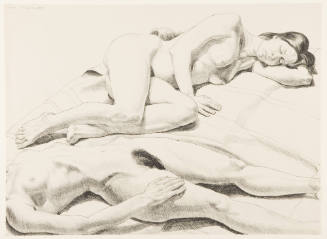 An illustration of two nude females lying on the ground.