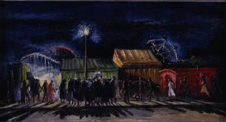 An oil painting of figures in front of colorful tents, ferris wheel and rollercoasters at night…