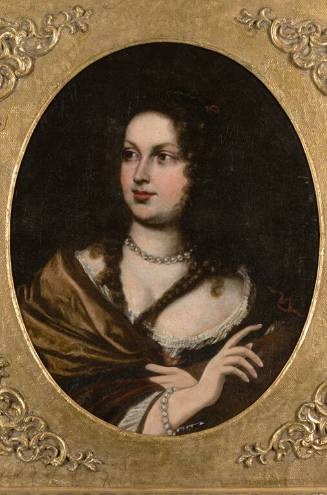 An oval painting of a noblewoman looking to her right with long curly dark hair partially obscu…