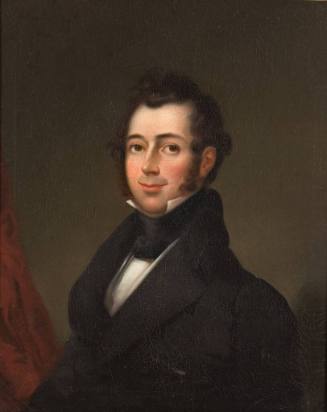 A half-length portrait of a man in a black jacket, silver satin waistcoat with a high white col…